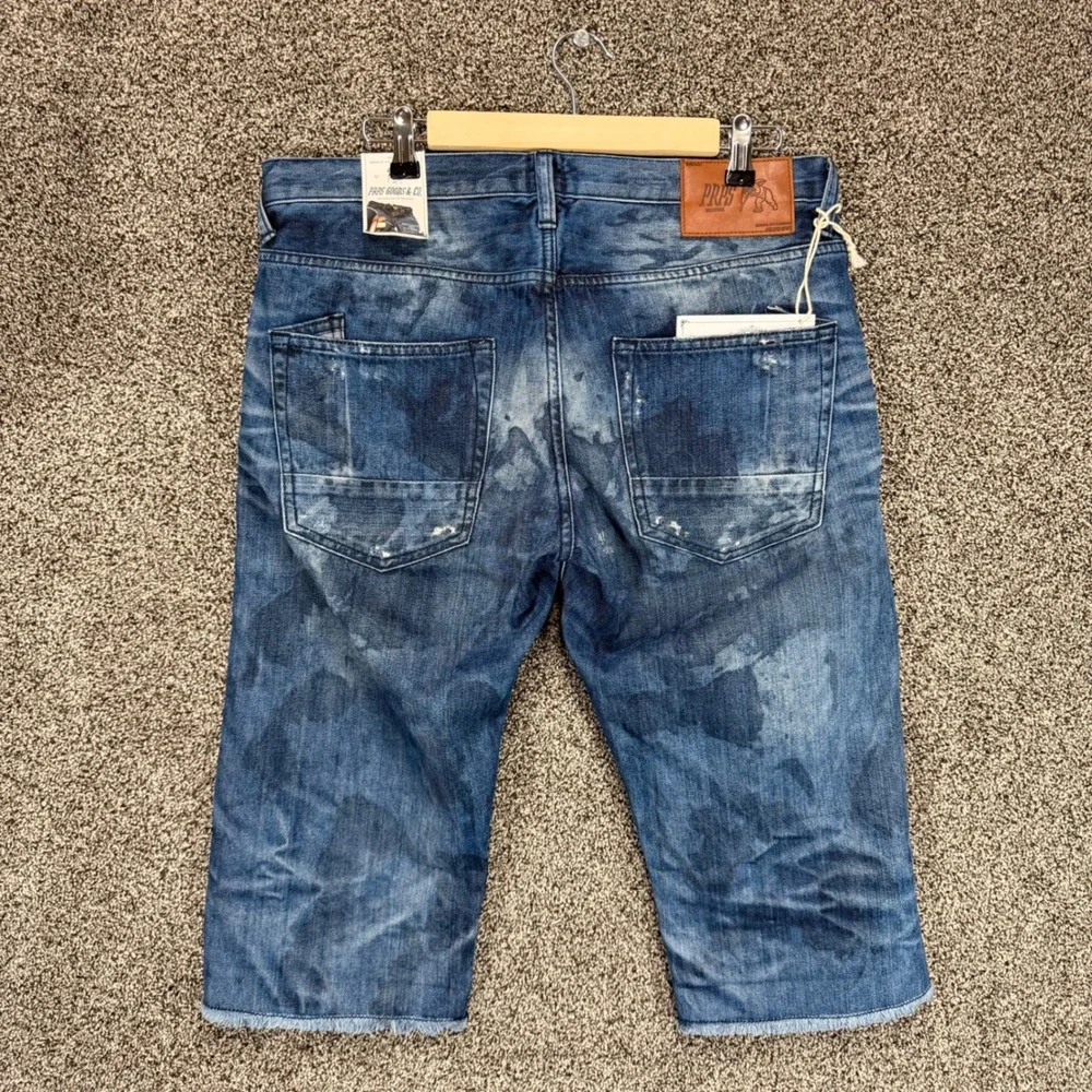 PRPS Barracuda Jean Shorts Mens 34/18 Long Blue Denim Distressed Button Fly Jort